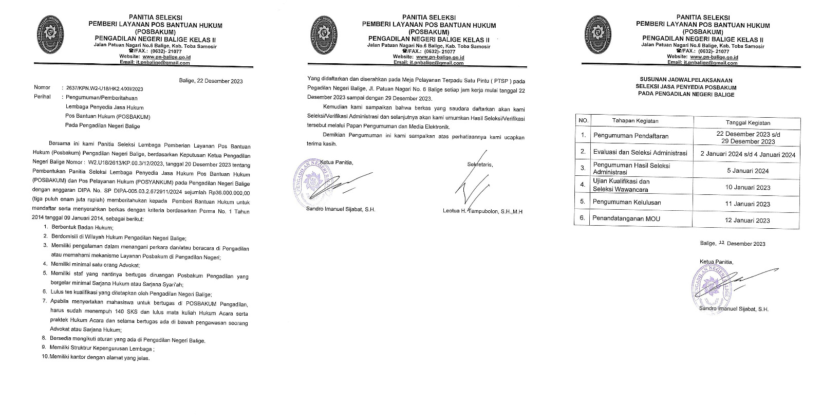 SELEKSI LEMBAGA PEMBERI LAYANAN POS BANTUAN HUKUM (POSBAKUM) TAHUN ANGGARAN 2024 PENGADILAN NEGERI BALIGE KELAS II.